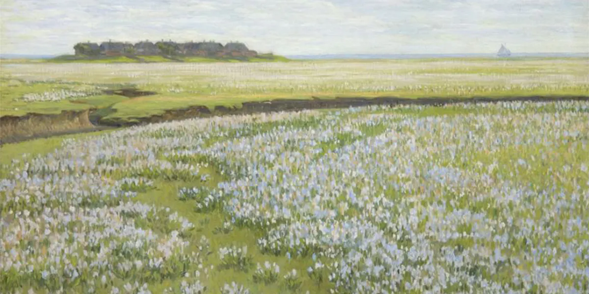 Jacob Alberts (1860 Westerhever-1941 Malente-Gremsmühlen), Blühende Wiesenlandschaft, Öl/Lwd., signiert, 53 x 87 cm. Foto © Auktionshaus Satow (Detail)
