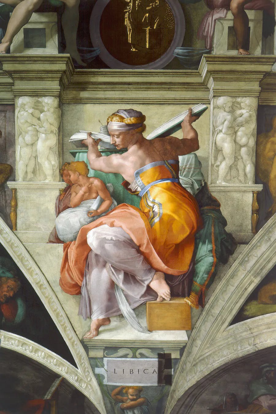 Michel-Ange, "Sibylle libyenne", gros plan du plafond de la chapelle Sixtine, Rome. Image du domaine public