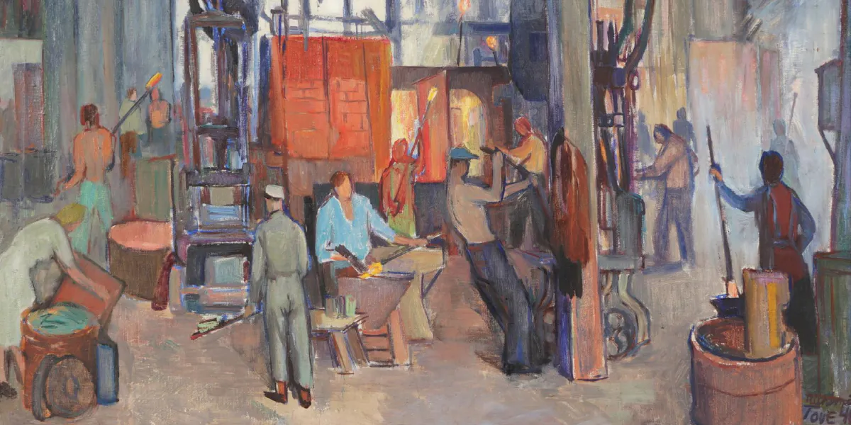 Tove Jansson (1914-2001), "Glasfabriken i Riihimäki" (Vetreria Riihimäki), firmato -40, dimensioni opera 62 x 78 cm, dimensioni esterne 69 x 85 cm (dettaglio). Foto © Helander Auktioner