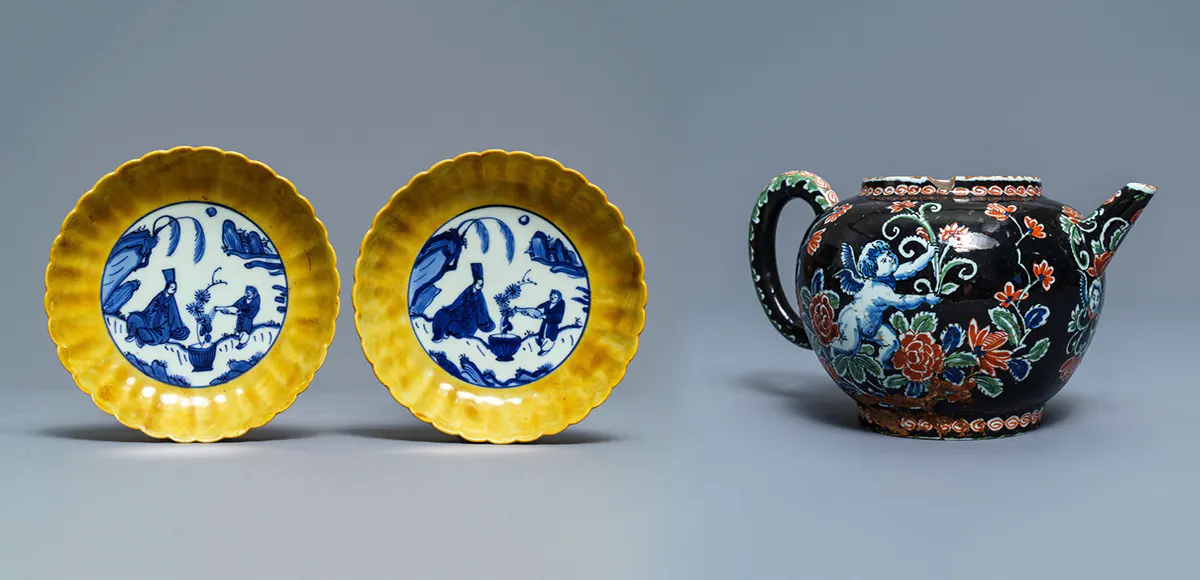 The auction house is specializing in the field of Chinese porcelain and Dutch Delftware. These are lots 369 - A pair of lobed Chinese blue and white yellow edge plates with 'hare' marks, Wanli and lot 702 – A black Delftware teapot, image © Rob Michiels