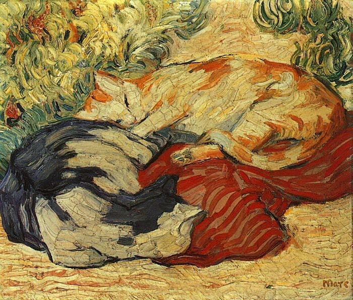 Franz Marc 's painting ‘Cats on a Red Cloth’ from 1909/10 shows Vincent van Gogh' s influence in the wavy movement of the pasty layers of paint, private collection. Photo public domain