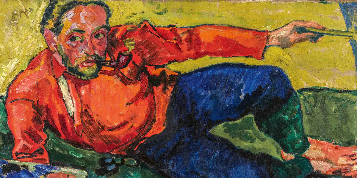 Hermann Max Pechstein (1881 Zwickau - 1955 Berlin-Ouest), Autoportrait, couché, 1909, monogrammé "HMP", huile/peinture à l'eau, 73,5 x 98,5 cm, encadré. Photo © Lempertz (détail)