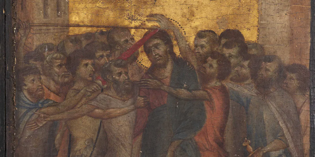Il Cristo deriso di Cimabue, 1280 circa, tempera, oro, tavola, 25,8×20,3 cm. Immagine di dominio pubblico (dettaglio)