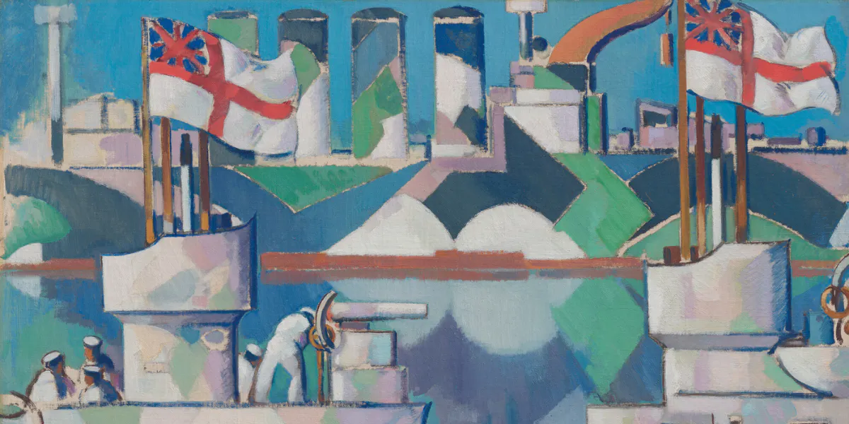 John Duncan Fergusson (1874-1961), Submarines and Camouflaged Battleship, 1918, oil on canvas. Photo © Christie's (detail)