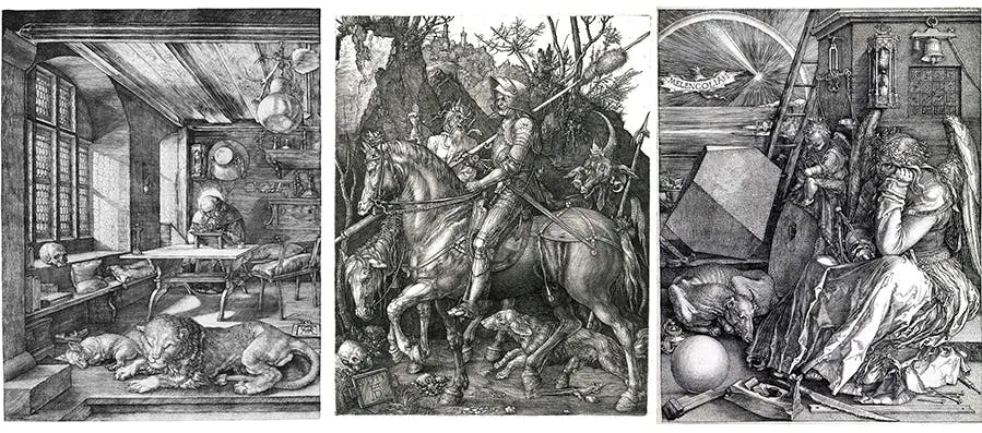 Die Drei Meisterstiche Albrecht Dürers. Links: Der Hl. Hieronymus im Gehäus (1514). Mitte: Ritter, Tod und Teufel (1513), Melencolia I (1514). Fotos gemeinfrei