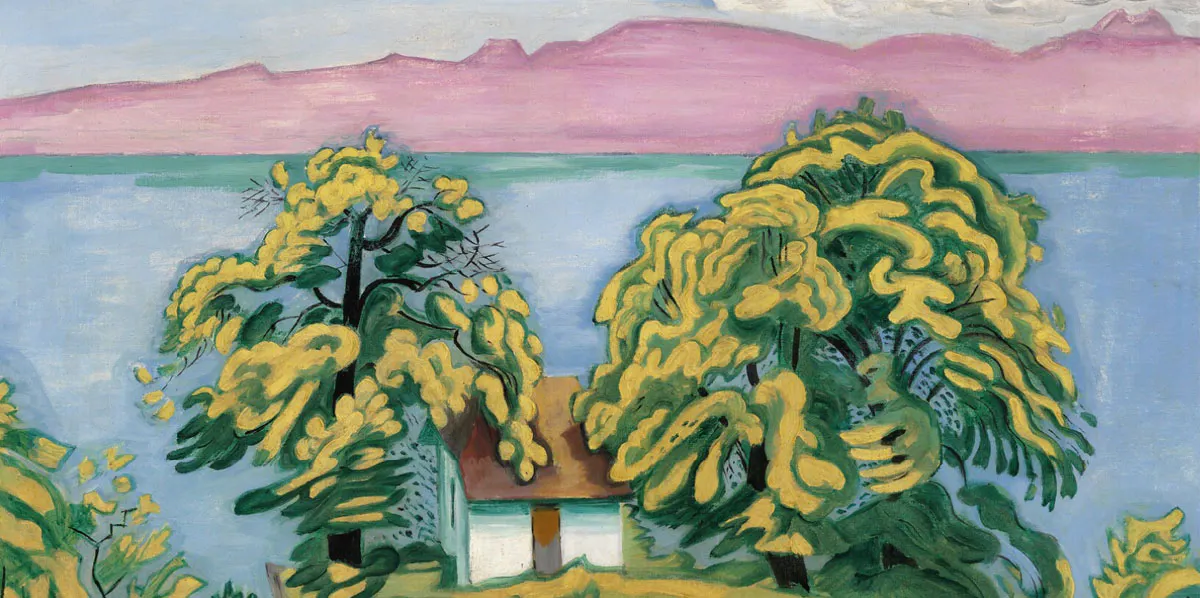 J. F. Willumsen, 'Kastanietræer ved Søens Bred. I Baggrunden Bjærge. Solskin', signerad J. F. W. 1931, olja på duk (detalj). Foto: Bruun Rasmussen