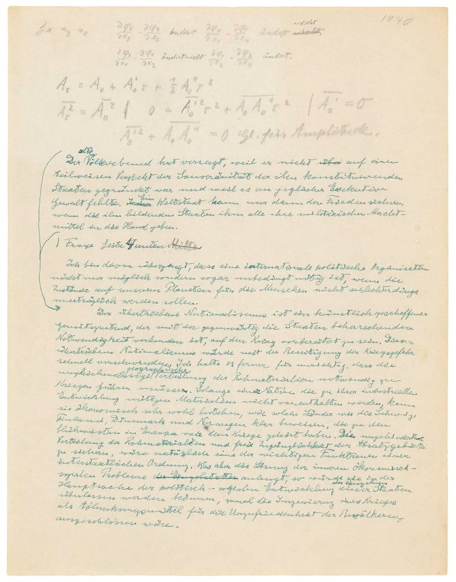 Page 1 of Albert Einstein's Theory of World Peace. Photo © Goldin