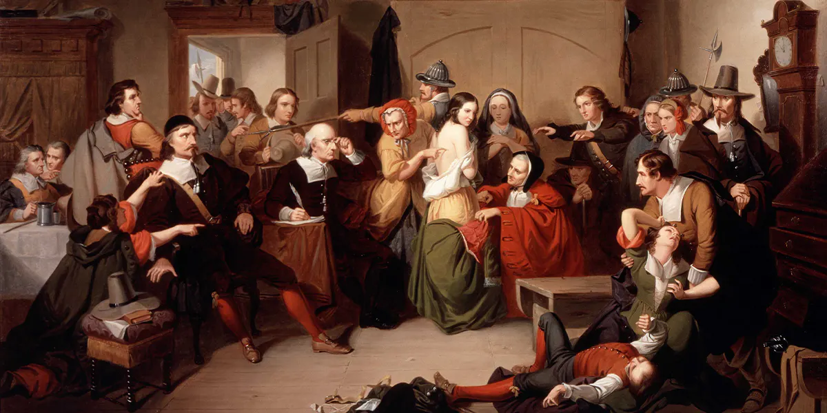 Il ritrovamento di "quadri di streghe" era parte di un processo alle streghe come raffigurato dal pittore americano Tompkins Harrison Matteson nel 1853. Probabilmente si ispirò ai famosi processi alle streghe che ebbero luogo nel 1692/93 a Salem, nel Massachusetts. Foto di pubblico dominio (dettaglio) 