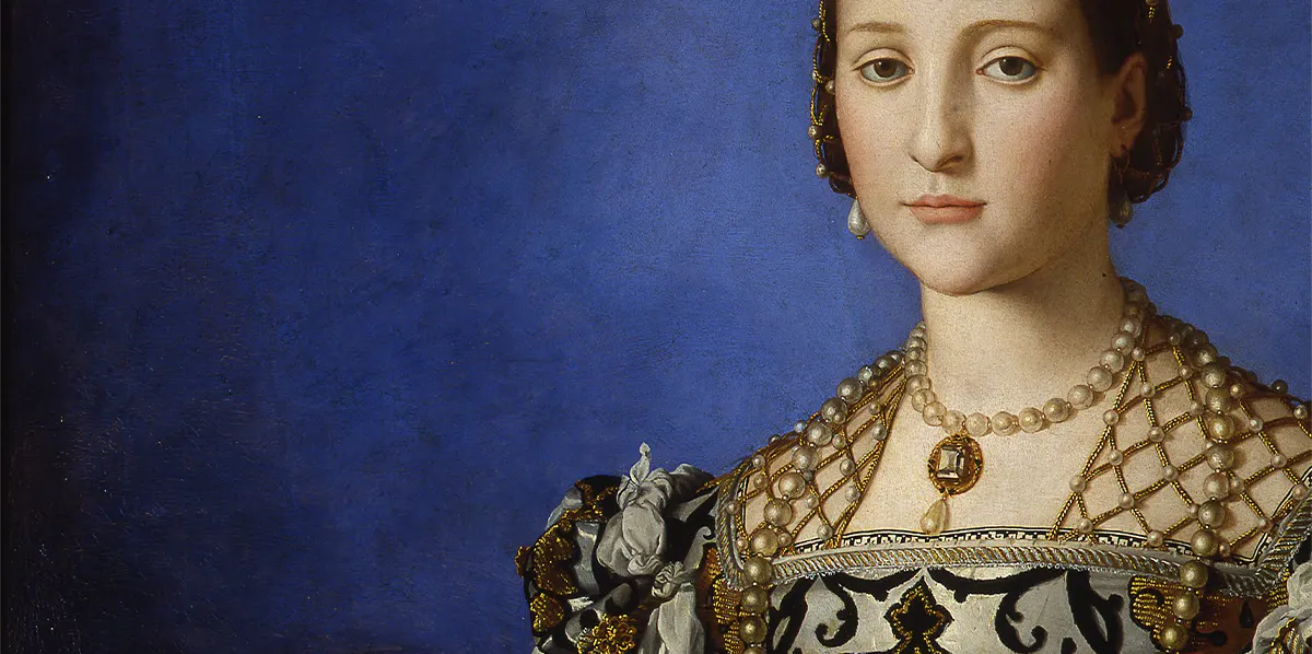 Bronzino, Porträt der Eleonora von Toledo mit ihrem Sohn Giovanni de' Medici, 1544/45, Öl/Holz, 115 x 96 cm, Uffizien, Florenz. Foto gemeinfrei (Detail)