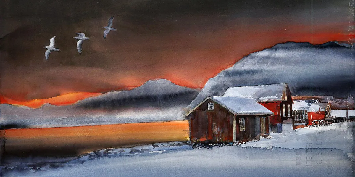 Lars Lerin, 'Tre Måsar, Lofoten 2011', akvarell, 102 x 154 cm. Foto: Auktionsverket i Karlstad