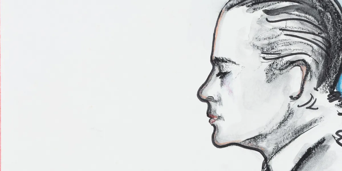 Karl Lagerfeld, Selbstporträt, New York, Oktober 1986, Fettstift, Filzstift, Aquarell/Papier, monogrammiert. Foto © Sotheby's (Detail)
