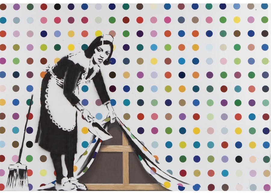 Banksy (defaced Hirst), ‘Keep it Spotless’, 2007, household gloss and spray paint on canvas. Photo Ⓒ Sotheby’s