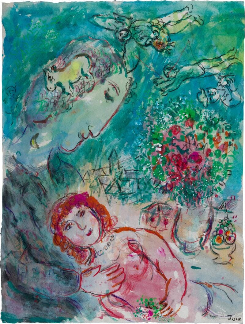 Marc Chagall, Grand profil et nu rose, stamp Marc Chagall (lower right), gouache, pastel and chalk on paper, 64.5 x 48.6cm, 1977. Photo © Sotheby's 
