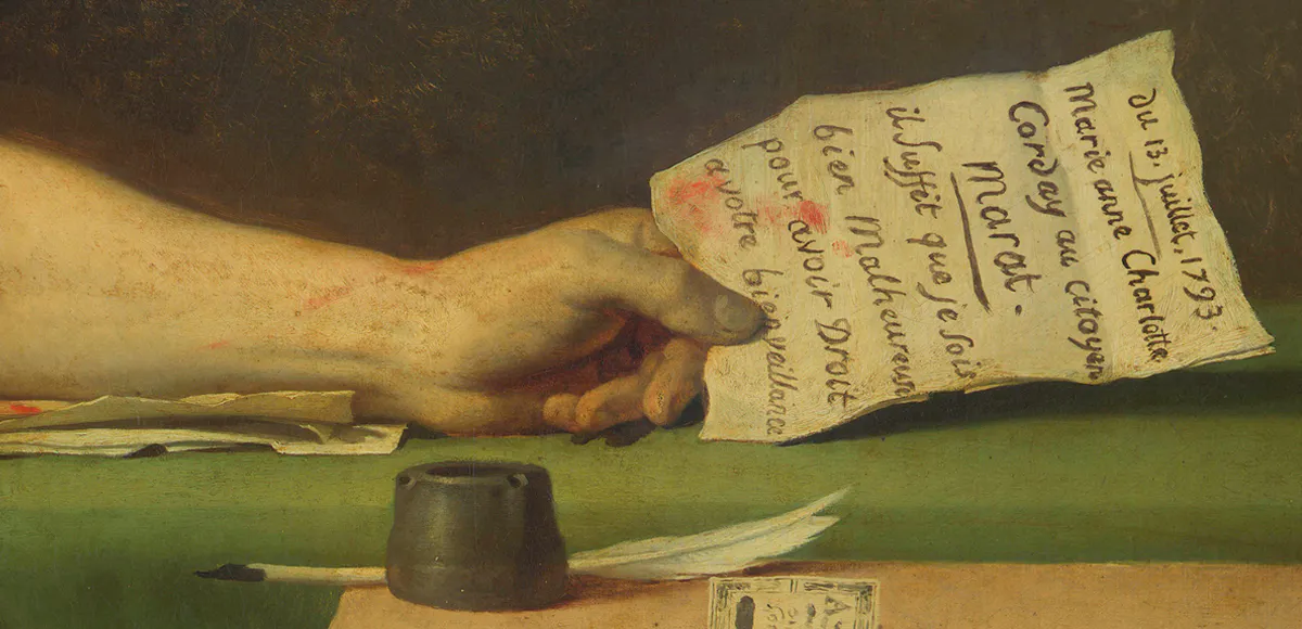 Jacques-Louis David, La Mort de Marat ou Marat assassiné (détail), 1793, huile sur toile. Photo du domaine public (détail)