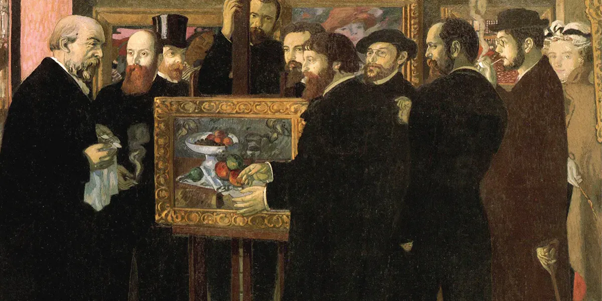 Maurice Denis (1870-1943), Hommage à Cézanne, scène dans la galerie d'Ambroise Vollard, exposé derrière le chevalet, 1900, Musée d'Orsay, Paris. Photo domaine public (détail)
