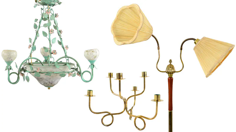 Från vänster: Taklampa i grönpatinerad plåt och glas med lövverk och blommor, Kandelaber av Josef Frank för Svenskt Tenn, Tvåarmad retrolampa från 1950/60-talet. Bilder: Formstad