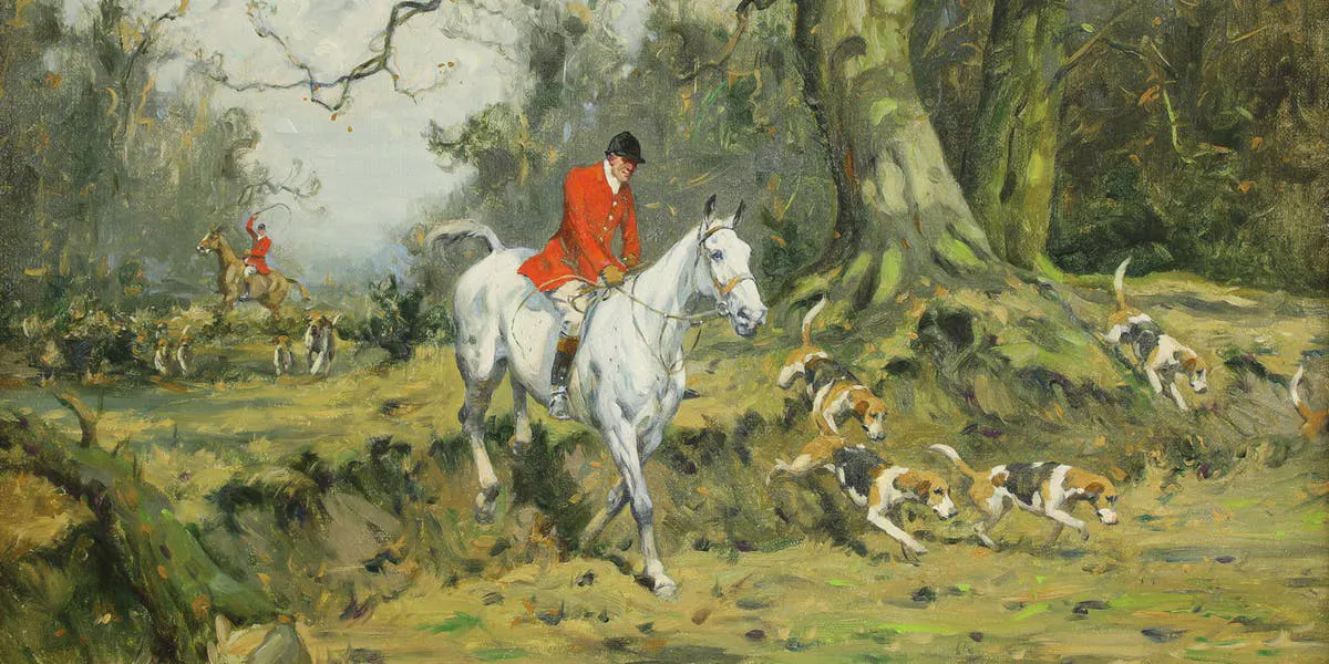 George Wright, 'Drawing cover with huntsman on a grey', olio su tela (dettaglio). Foto © Sworders.