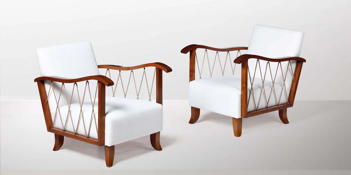 Maurizio Tempestini, Pair of armchairs with wooden structure, rope and fabric covering, c. 1950. Photo © Cambi