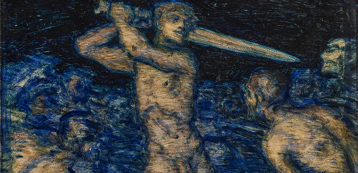 Franz von Stuck (1863 Tettenweis – 1928 München), "Feinde ringsum", Öl/Malkarton, betitelt und signiert, 1914 | Foto: © Neumeister (Detail)