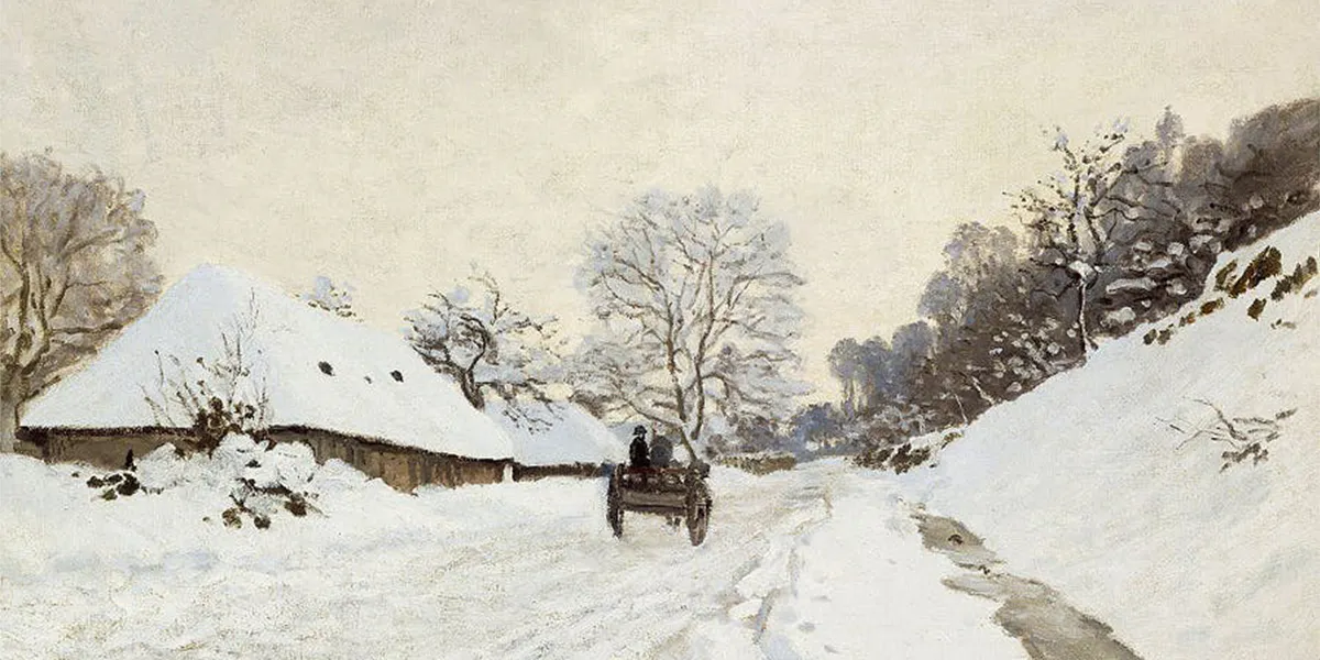 Claude Monet, Wagen auf einer schneebedeckten Straße in Honfleur, um 1866, Öl/Lwd., 65 x 93 cm, Musée d'Orsay, Paris. Foto gemeinfrei (Detail)