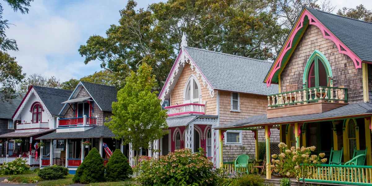 Victorian gingerbread cottages in Oak Bluffs on Martha's Vineyard, Massachusetts, USA. (Photo by Wolfgang Kaehler/LightRocket via Getty Images)