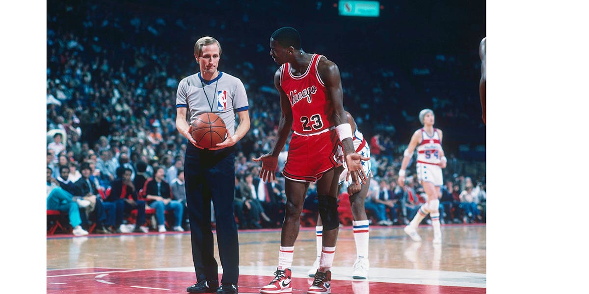 Washington in 1985. Michael Jordans first season playing in Nike Air Jordan. 35 years later the sneaker modell has it own brand and the first models is aftersought collectors items. @ Getty Images