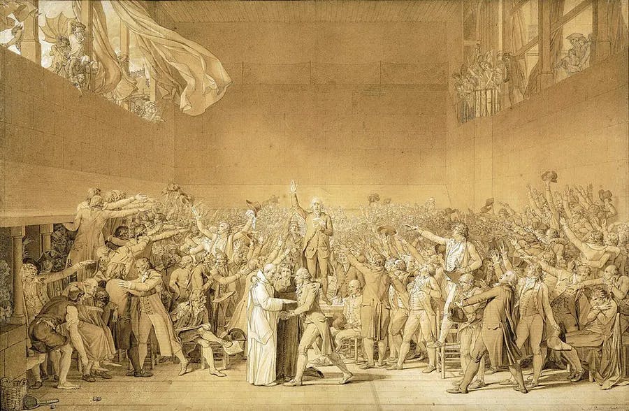 Jacques-Louis David, The Tennis Court Oath (unfinished), 1791, Palace of Versailles. Public domain image