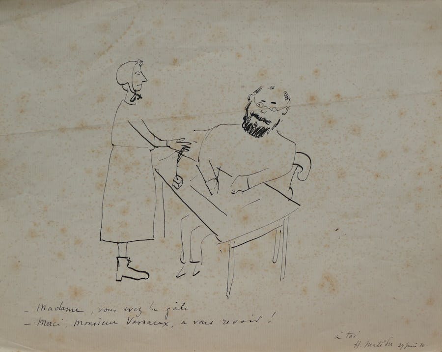 Henri Matisse (1869-1954), Madame, vous avez la gale. Merci Mr Vassaux, à vous revoir !, dessin, encre sur papier vergé, dédicacé et daté 27 juin 10, image © Maison de Ventes Guéry