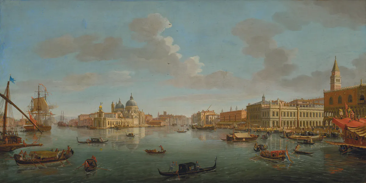 Gaspar van Wittel (detto Vanvitelli), "Il Molo, Venezia, guardando ad Ovest verso l'ingresso del Canal Grande", 1712, olio su tela, 56,8 x 109,8 cm. Immagine © Christies 