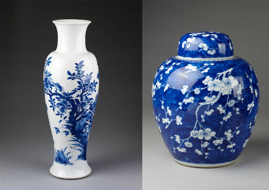 Left: A blue and white baluster vase, early Kangxi (1662-1722). Right: A blue and white ginger jar and cover, Kangxi reign (1662-1722) (period of manufacture 1683-1710). Images © V&A museum London