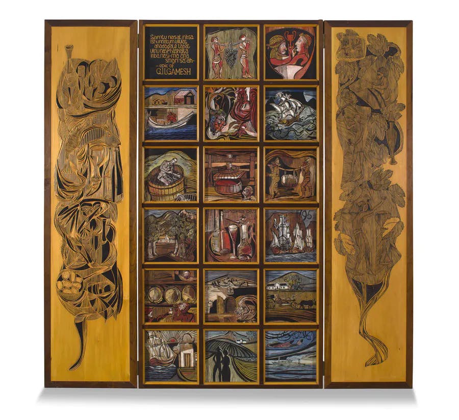 Cecil Skotnes, The Origin of Wine: The Epic of Gilgamesh, 1977, pannelli di legno intagliati, dipinti e incisi. Foto © Strauss & Co 