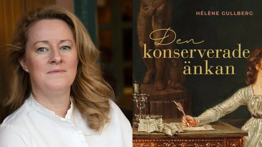 Författaren Hélène Gullberg med debutromanen Den konserverade änkan för bokförlaget Historiska Media. Foto: Historiska Media