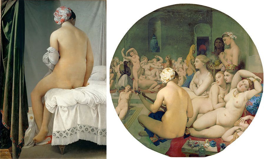 Left: Jean-Auguste-Dominique Ingres, ‘The Bather of Valpinçon’, 1808, oil on canvas, 146 x 98 cm. Right: ‘The Turkish Bath’, 1862, painting, 108 x 110 cm, Louvre Museum. Photos public domain 