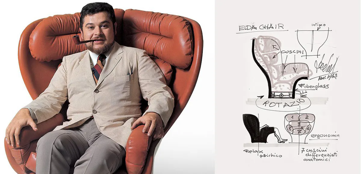 A la izquierda: Joe Colombo con su célebre sillón Elda. A la derecha: Proyecto de Colombo, 1963. Foto: Longui