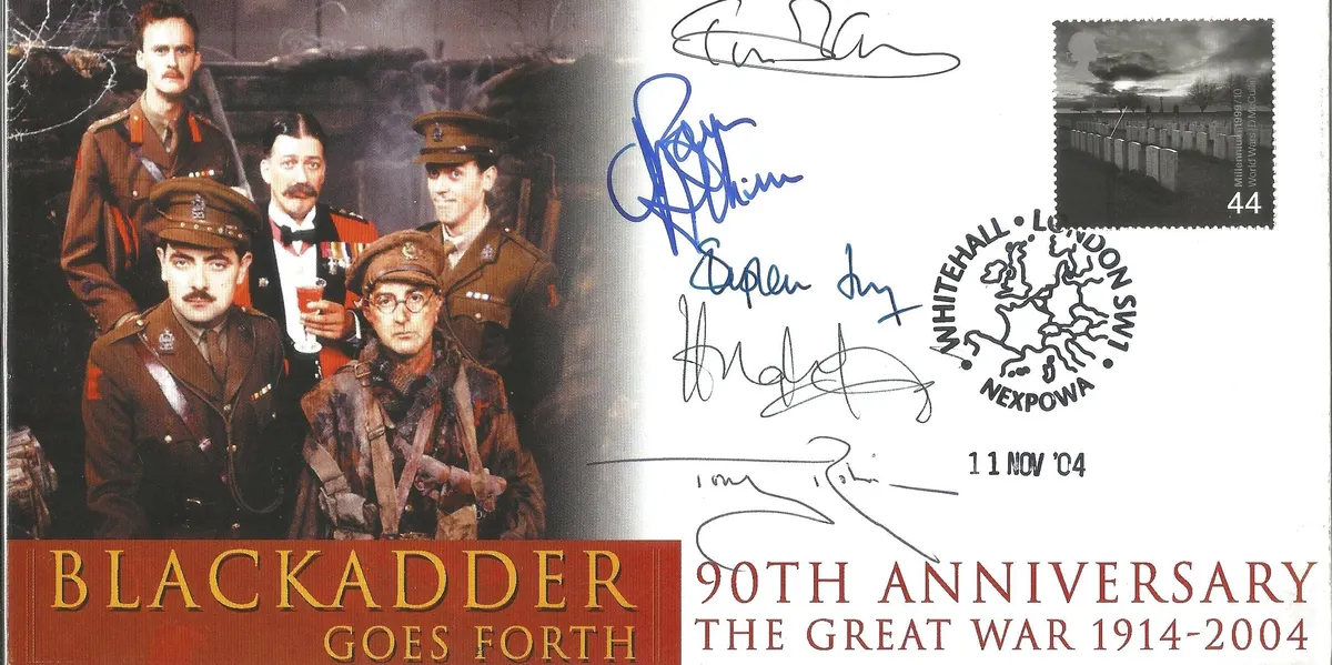 Black Adder Goes Forth rare multiple cover signed by Rowan Atkinson, Stephen Fry, Tony Robinson, Tim McInnerny and Hugh Laurie, 2004. Image: Chaucer Auctions