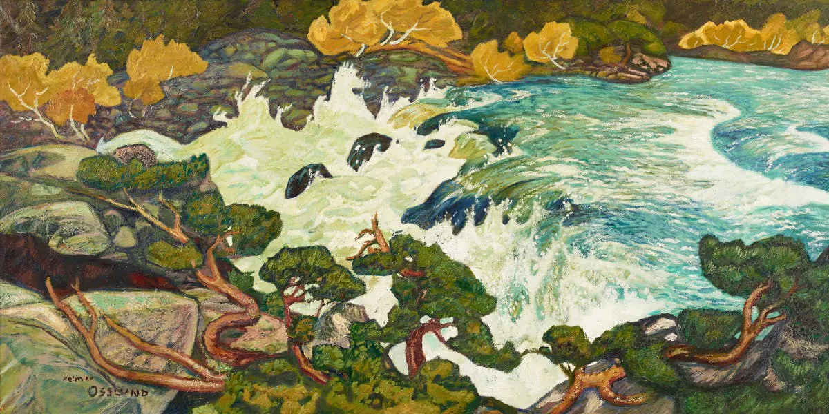 Helmer Osslund, 'Porjus - Waterfall with trees in autumn garb', oil on canvas (detail). Photo © Uppsala Auktionskammare 