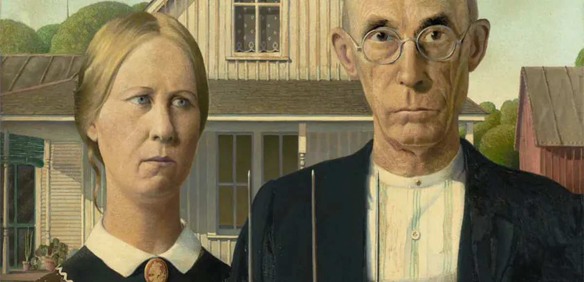 Grant Wood, American Gothic, 1930, Öl/HF, 78 x 65,3 cm, Art Institute of Chicago, Chicago. Foto gemeinfrei (Detail)