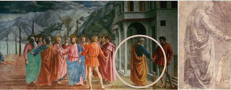 Left: Tommaso Masaccio, 'The Tribute Money', 1425, fresco, Brancacci Chapel. Photo public domain. Right: Michelangelo, Drawing detail from ‘The Tribute Money’ by Masaccio, 1488-90, Münich Kupferstichkabinett. Photo public domain