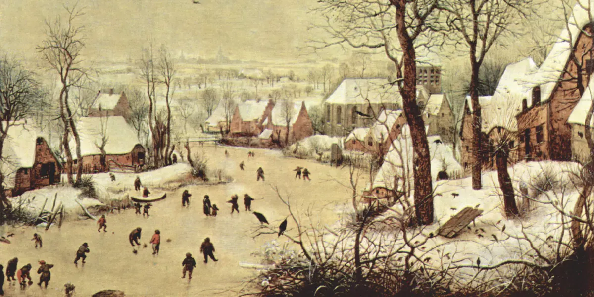 Pieter Brueghel l'Ancien (vers 1525/1530-1569), Paysage d'hiver avec patineurs et trappe aux oiseaux, 1565, huile sur bois de chêne, 37 x 55,5 cm, Musées royaux des Beaux-Arts, Bruxelles. Photo domaine public (détail)
