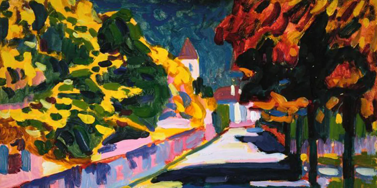 Vassily Kandinsky, Autunno in Baviera, 1908, olio su cartone. Foto di dominio pubblico (dettaglio)