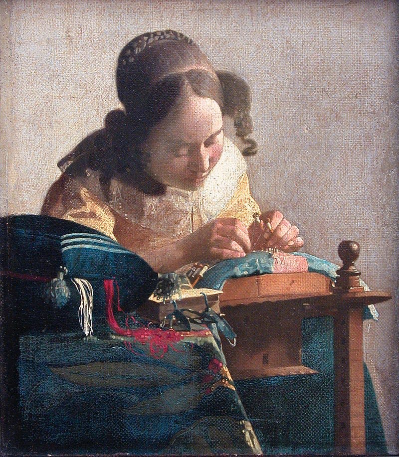 Vermeer's "lace maker" from 1669/70 (Louvre, Paris) sparked enthusiasm when the artist was rediscovered. Public domain image