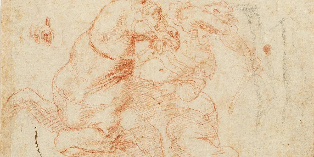 Raffaello Sanzio, detto Raffaello (1483 Urbino - 1520 Roma), Recto: Studio della Battaglia di Ponte Milvio: cavaliere a cavallo e testa e occhio del cavallo, iscrizione "di RAFFAELLO", matita e penna su carta, 22 x 24 cm. Foto © Dorotheum (dettaglio)