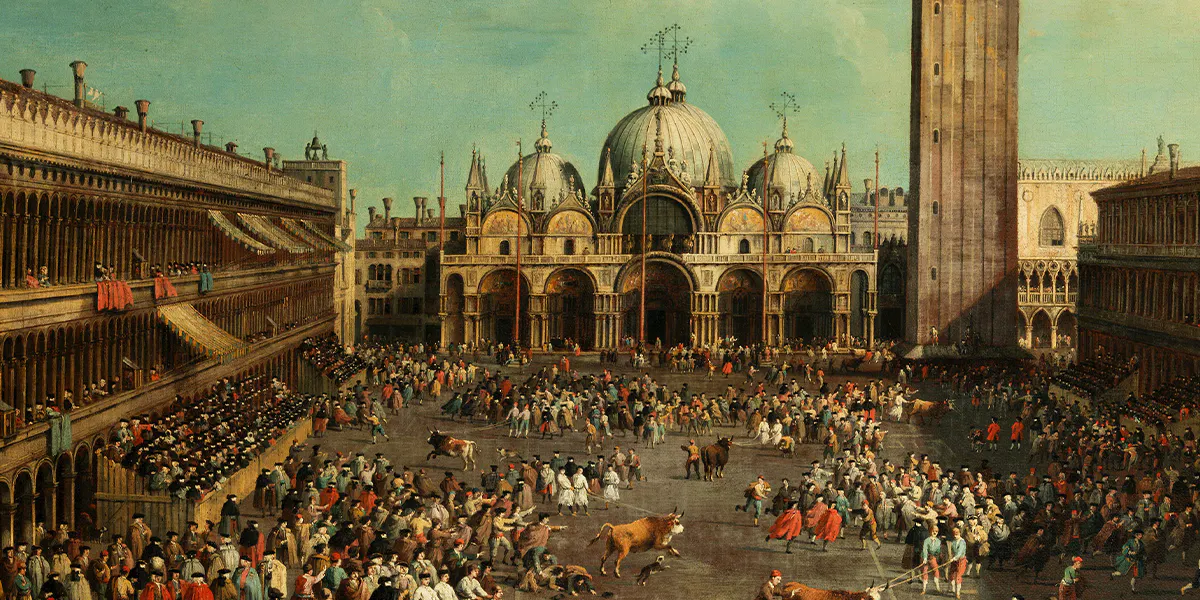Giovanni Antonio Canal, genannt „Canaletto“ (1697 Venedig 1768) und Giovanni Battista Cimaroli (um 1687 Salò – um 1753 Venedig), Caccia ai tori in Piazza San Marco – Stierrennen auf der Piazza San Marco, um 1740, Öl/Lwd., 99 x 145 cm. Foto © Hampel (Detail)