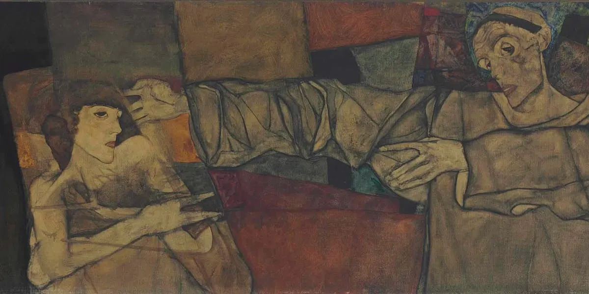 Egon Schiele, ‘Selbstbildnis mit Modell (Fragment)’, 1913, olja på duk, 70,5 x 241,2 cm. Foto © Christie's (detalj)