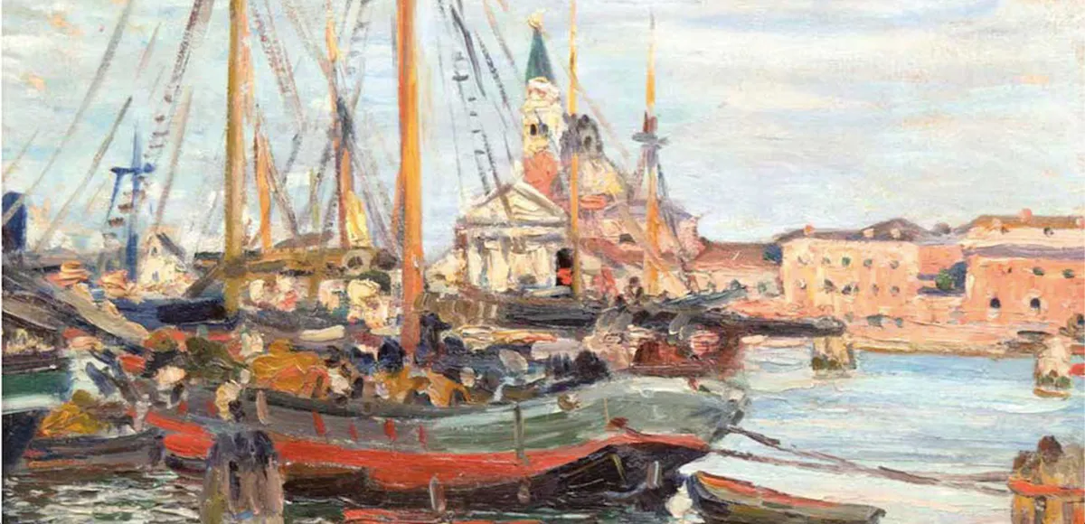 Jane Peterson (1876 Elgin - 1965 Leawood), "Venedig- Canale della Giudecca mit S. Giorgie im Hintergrund", Öl/Lwd., signiert | Foto: © AH Satow (Detail)
