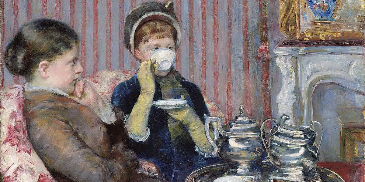 Mary Cassatt (1844–1926), Le Thé / Five O'Clock Tea, 1880, oil on canvas, 64.7 x 92 cm, Museum of Fine Arts. Public domain image (detail)