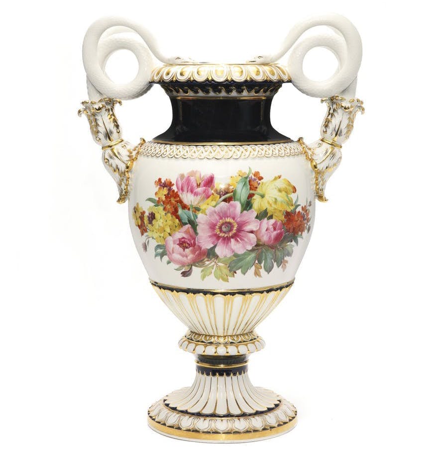 In the 19th century, the Meissen manufactory reverted to earlier models and designs. One exception was the 'snake-handle vase' created by Ernst August Leuteritz, which has become an often copied classic. Photo © Sotheby's