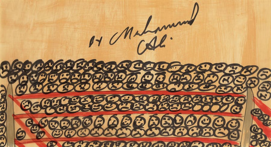 Muhammad Ali (1942-2016), The Crowd (La Folla), 1967, pennarello su carta traslucida, firmato "By Muhammad Ali", con cornice. Disegno per la rivista "Avant Garde". Venduto per $ 24.687 USD. Foto © Bonhams 