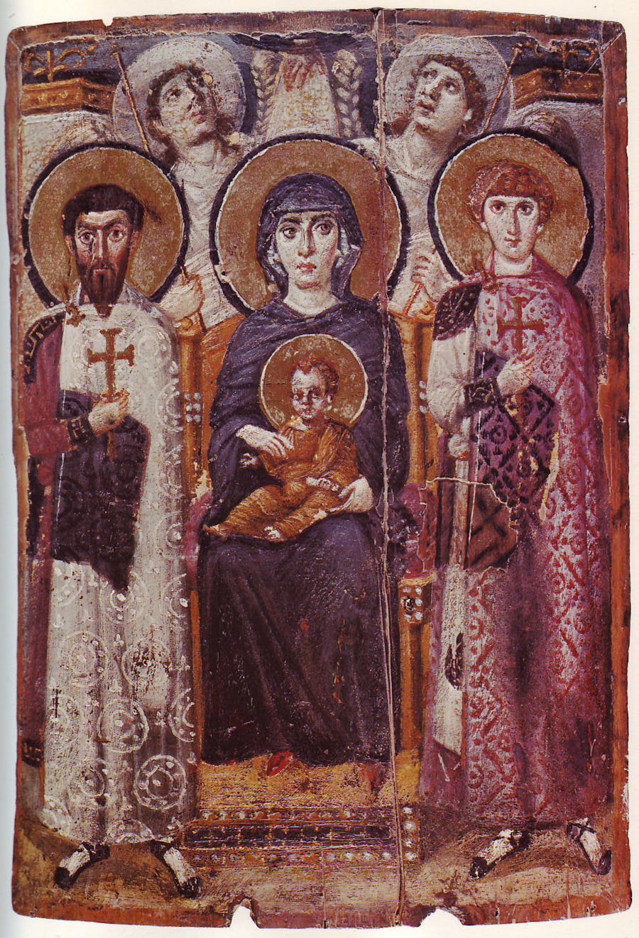 Icon of the enthroned Virgin and Child with saints and angels, and the Hand of God above, 6th century, Saint Catherine's Monastery, perhaps the earliest iconic image of the subject to survive. Public domain image