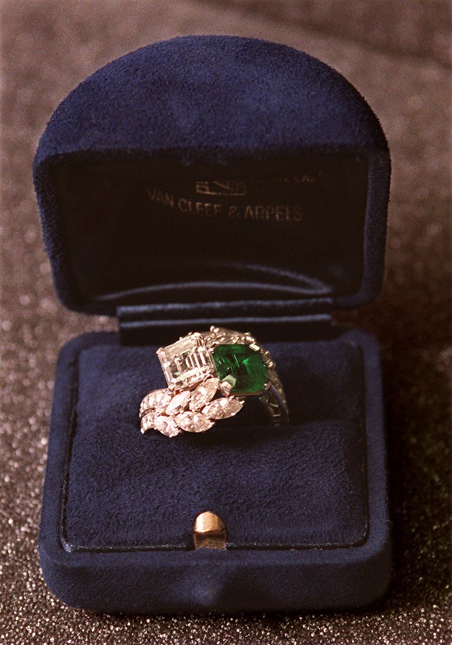 Diamond and emerald engagement ring. (Photo by Pat Greenhouse/The Boston Globe via Getty Images)